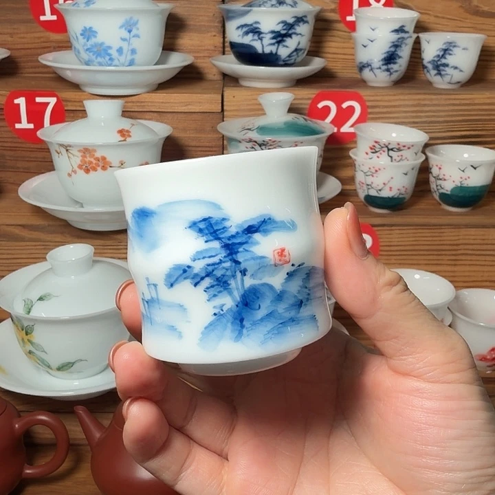 冰种手绘釉下彩竹节主人杯松树