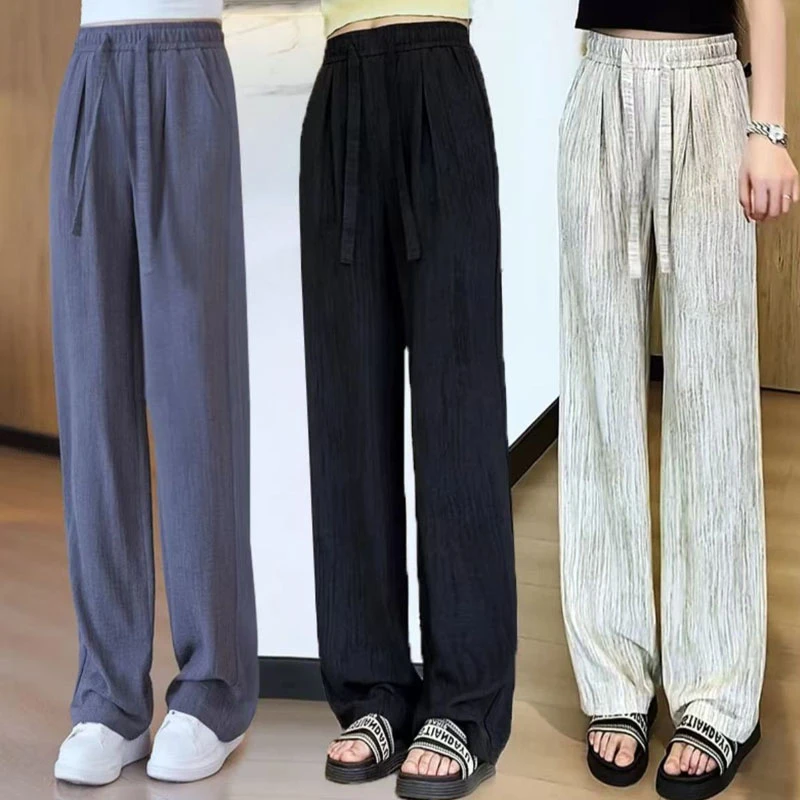 冰丝阔腿裤女夏季2025年新款高腰抽绳肌理感慵懒美式休闲拖地裤子