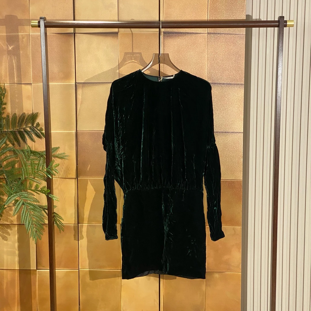 99新 YSL/圣罗兰 祖母绿丝绒长袖连衣裙/s码/99新/28270