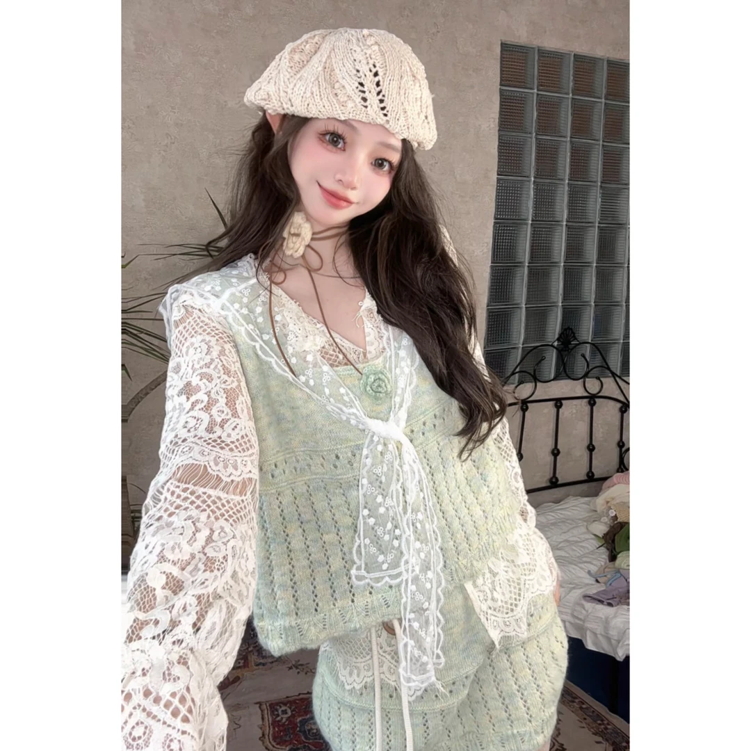 ｛绿洲甘露｝针织毛衣女早秋款 绿色显瘦设计感