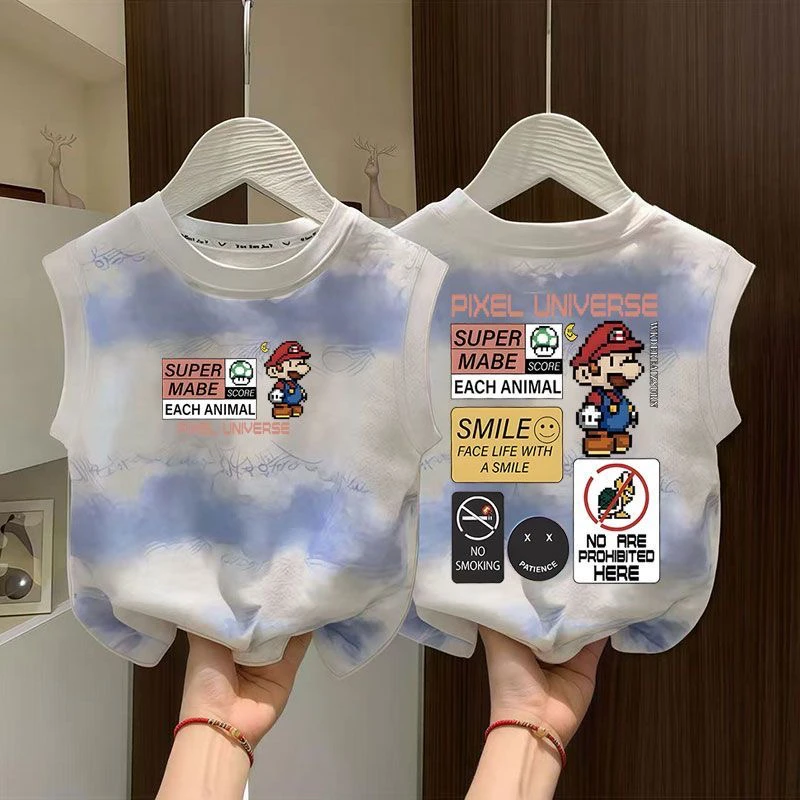 新款背心卡通印花玛丽男女儿童无袖T恤纯棉圆领宽松百搭上衣潮酷t