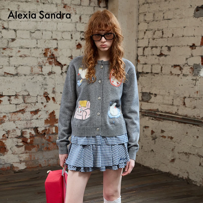 Alexia Sandra2025秋季新款啵啵鸭撞色格纹针织开衫女灰色高级感