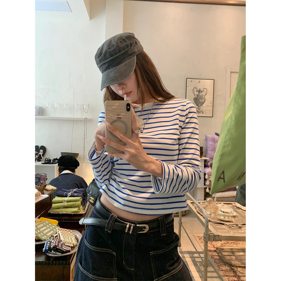 DYANGJUN【条纹女孩】夏季新款蓝白条纹圆领基础款九分袖T恤
