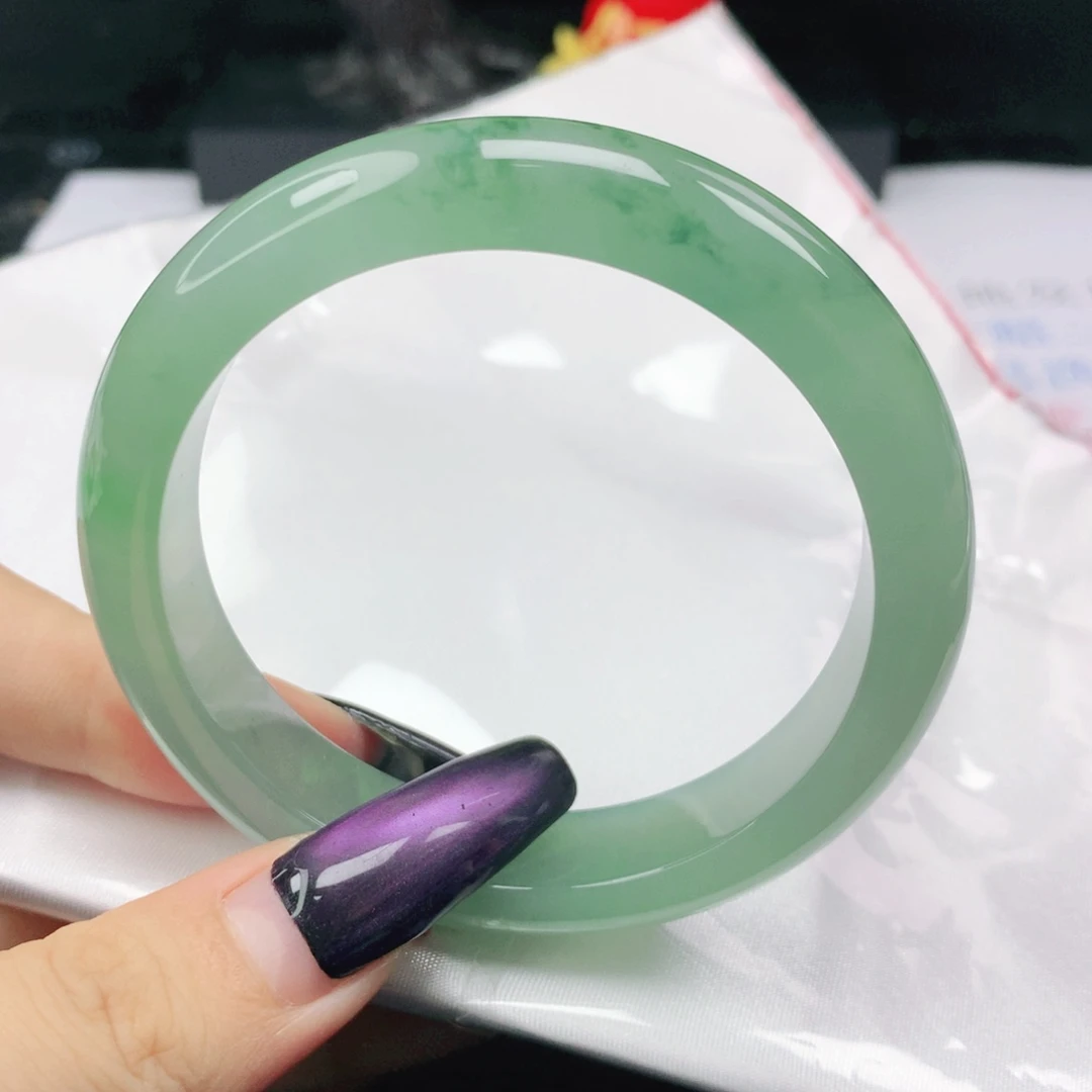 翡翠未镶嵌手镯翡翠57.2冰种透冰果绿飘绿花正圈