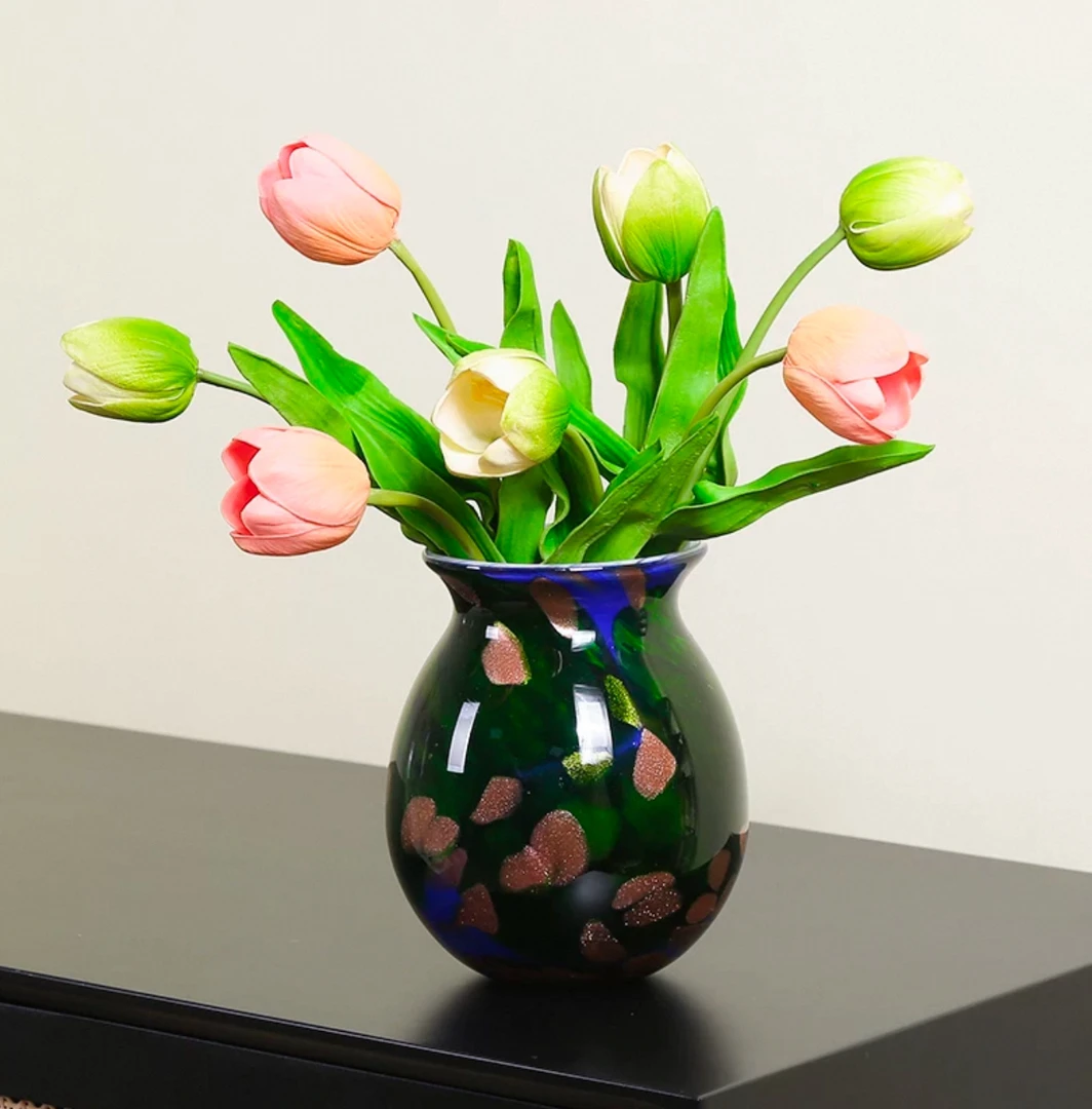 现代轻奢鎏金蓝绿琉璃花瓶玄关客厅琉璃艺术装饰花器（小号）