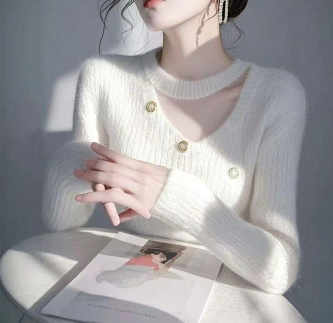 894衣长56法式轻奢优雅风镂空v领针织衫秋冬季洋气百搭显瘦上衣潮