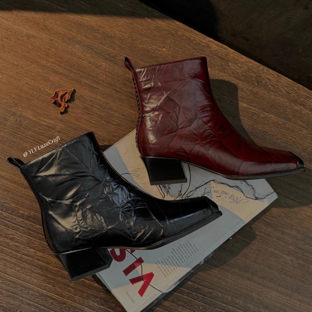 2090-1中跟短靴女2025冬季新款复古通勤百搭切尔西靴大码瘦瘦靴