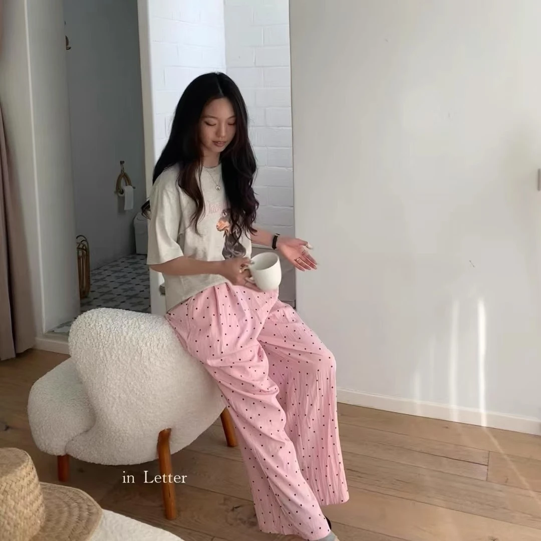 韩系2025夏季新款时尚百搭波点阔腿裤女宽松显瘦休闲直筒长裤潮