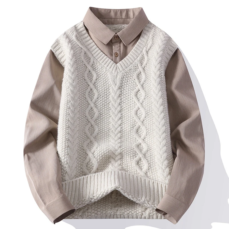 【新款】2025秋季时尚衬衫领假两件毛衣男士套头宽松针织衫WE25796