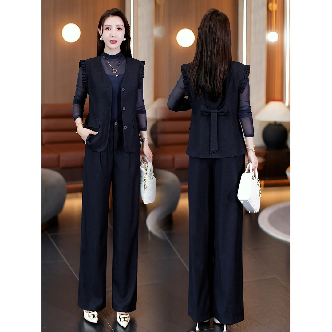 时尚洋气套装女2025秋季新款气质西装马甲打底衫阔腿裤显瘦三件套