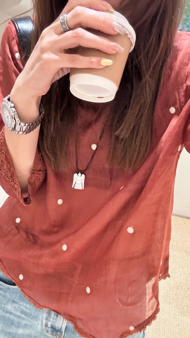 夏季宽松碎花苎麻刺绣七分袖套头T恤2909