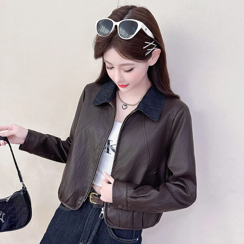 拉夏贝尔拼色翻领皮衣女2025秋季新款韩版正肩休闲皮夹克短款外套