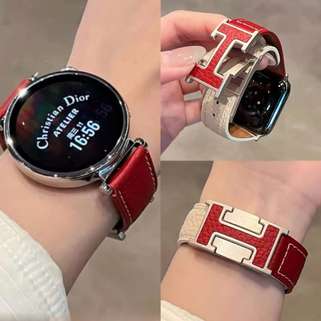 适用华为手表watchgt5荔枝纹真皮H型磁吸扣华为gt4女士款18mm表带