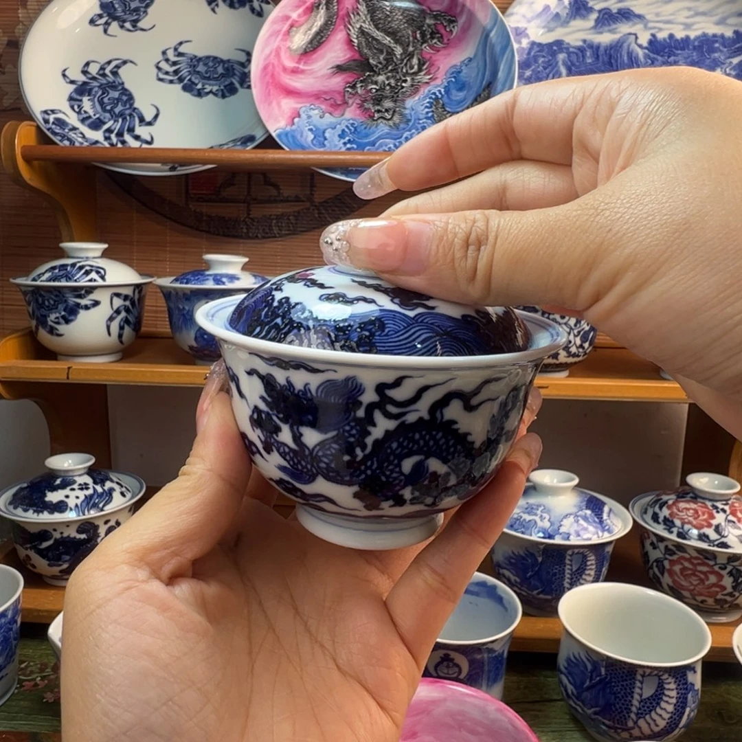 景德镇手绘双龙盖碗