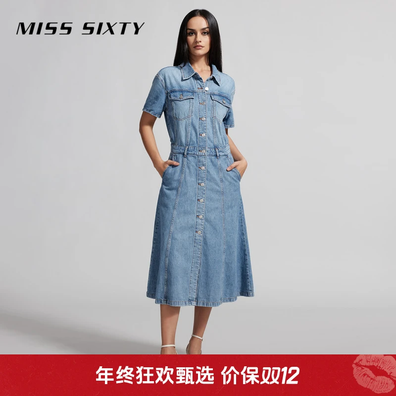Miss Sixty夏季新款牛仔连衣裙女单排扣长款复古深蓝尤莱特