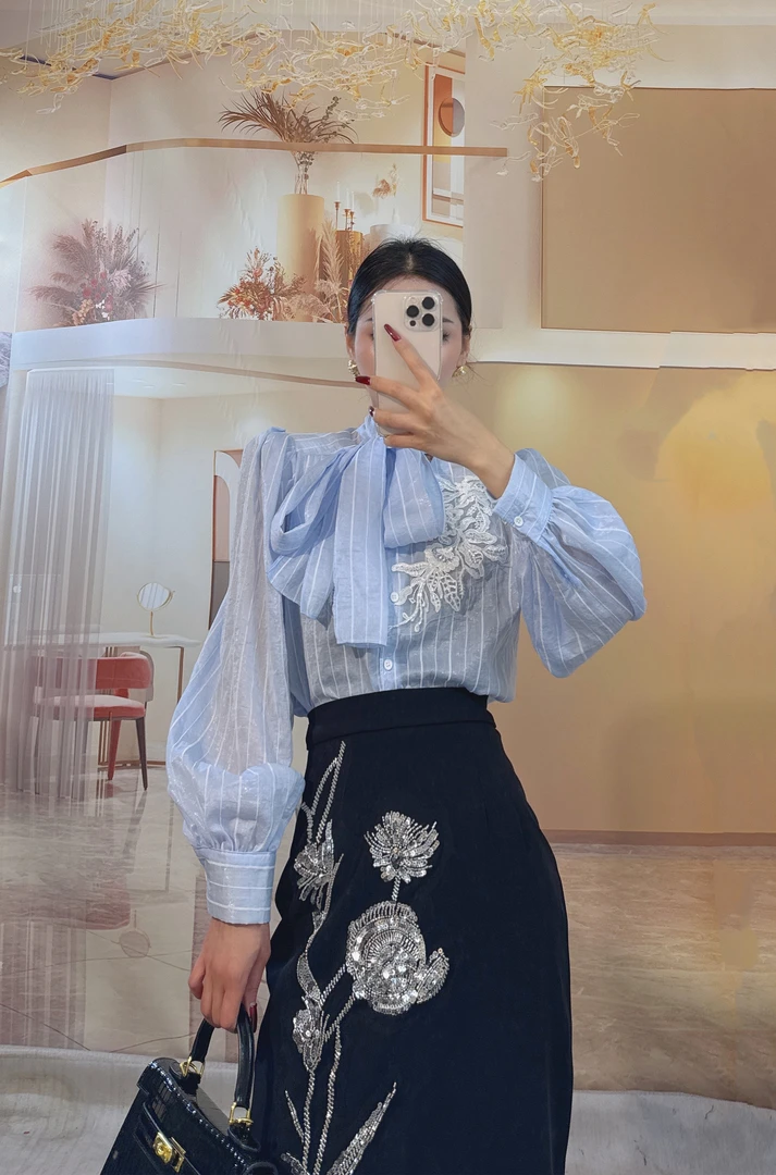 清仓NO退NO换新款重工蕾丝刺绣珠条纹宽松中长衬衫上衣