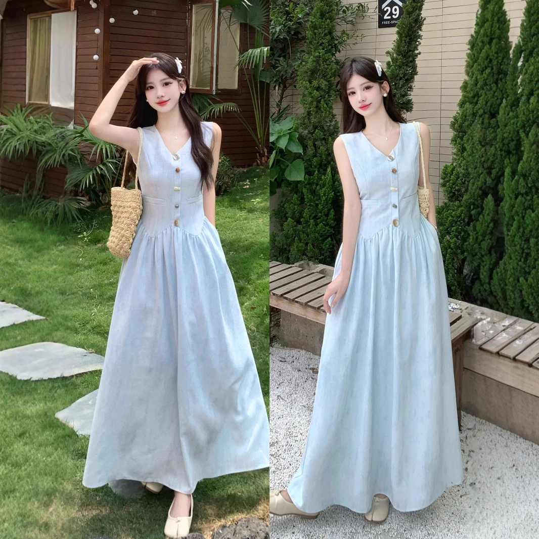 xtdm969蓝色V领无袖背心连衣裙女2025夏季高级感法式气质收腰长裙