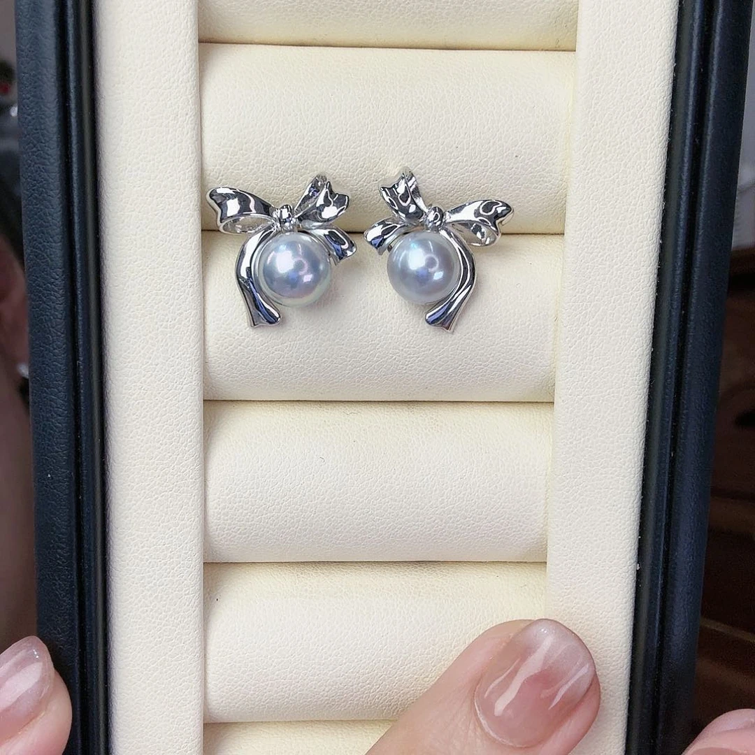海水珍珠耳饰银S925镶嵌燕尾蝶真多麻8-9sgys