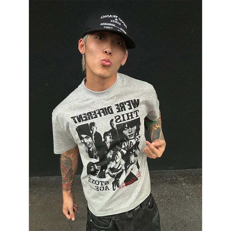 欧美复古摇滚嘻哈hiphop人物印花短袖男夏季时髦休闲百搭宽松上衣