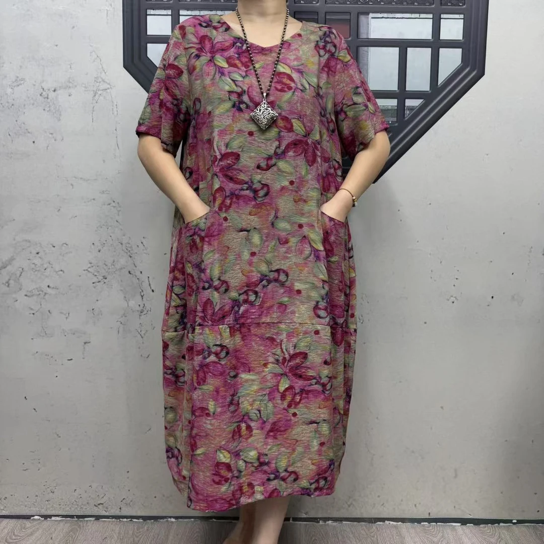 8201印花显瘦提花气质单排多扣夏季棉麻印花连衣裙V领