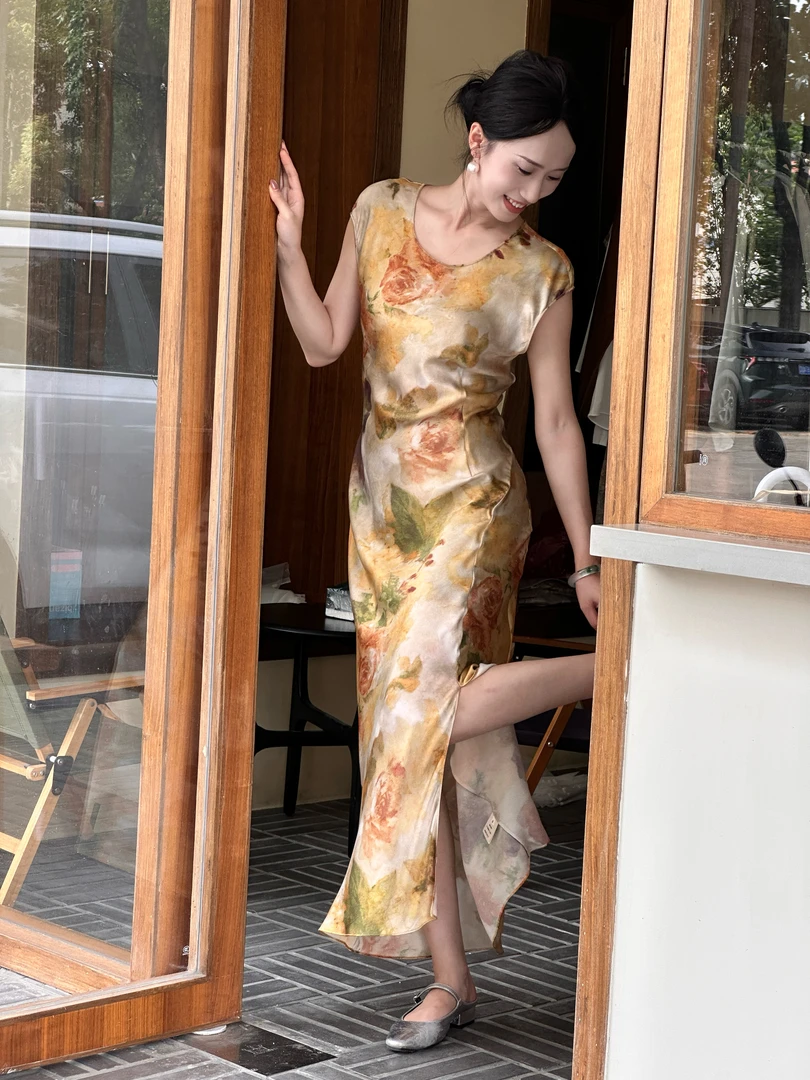 【水墨玫瑰】优雅必入斜裁复古气质吸睛花卉真丝连衣裙   8-6