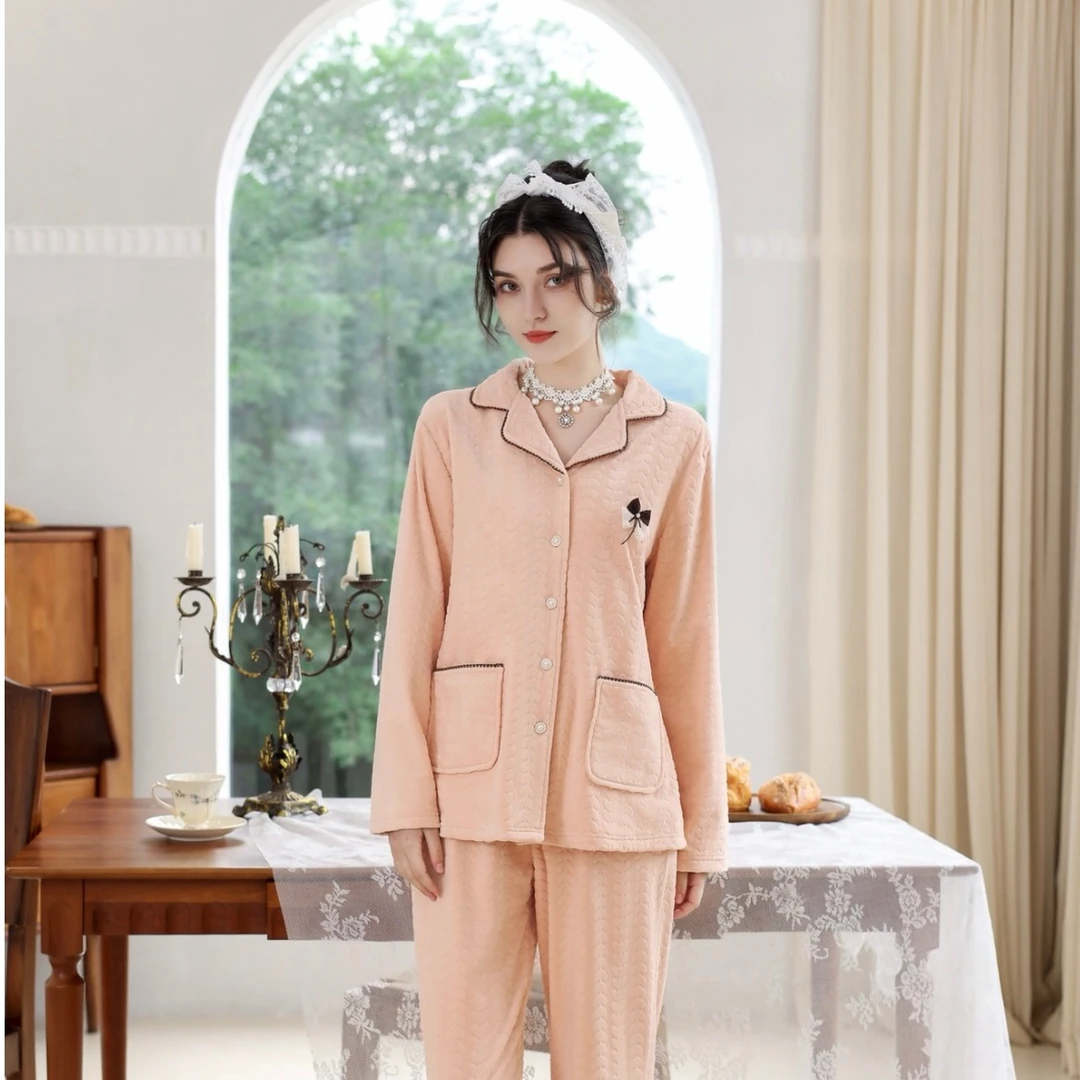 琦欣家实体高定秋冬保暖海岛绒睡衣套装加厚长袖家居服