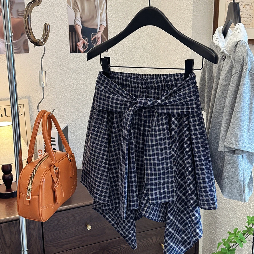 韩系休闲运动百搭系绑带格子半裙2025夏季辣妹风不规则设计裙子女
