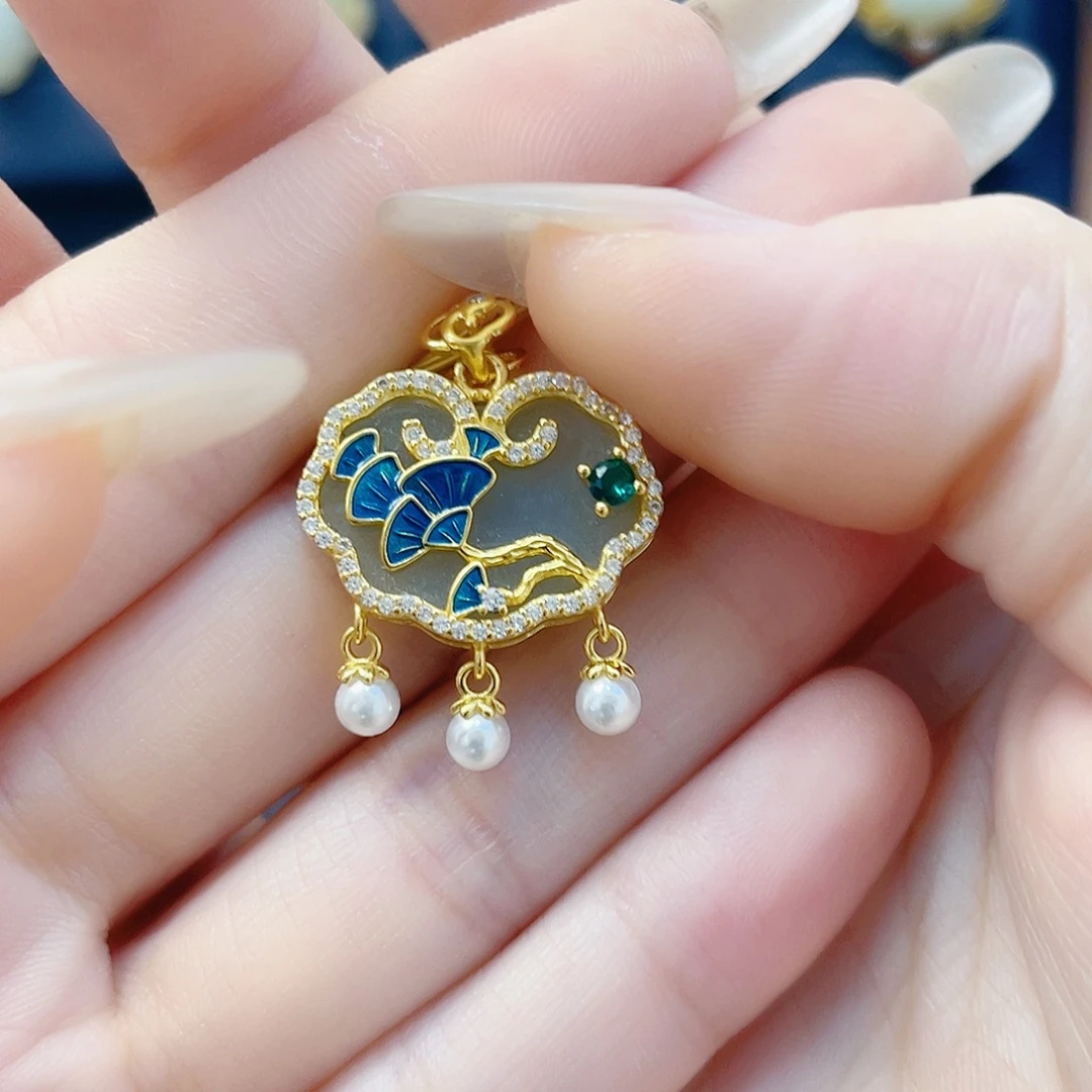 和田玉银S925镀金镶嵌颈饰