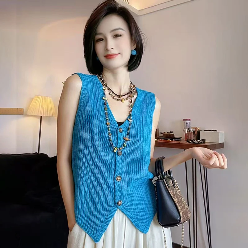 小香风冰丝糖果色背心显瘦设计感少女风复古通勤外搭针织衫