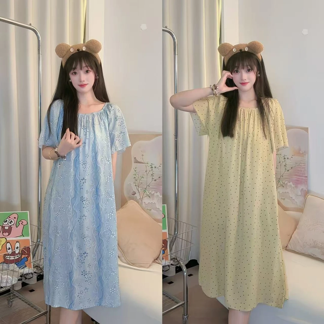 短袖睡裙棉绸【双口袋】宽松休闲百搭可外穿外出裙