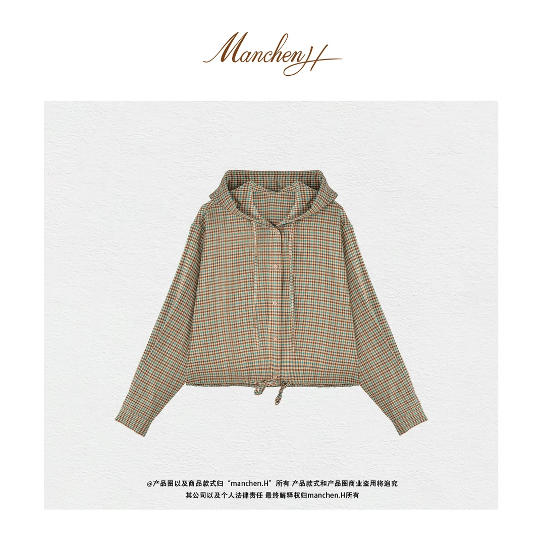 曼辰manchenh"海港漫步"日本进口羊毛色织格连帽外套