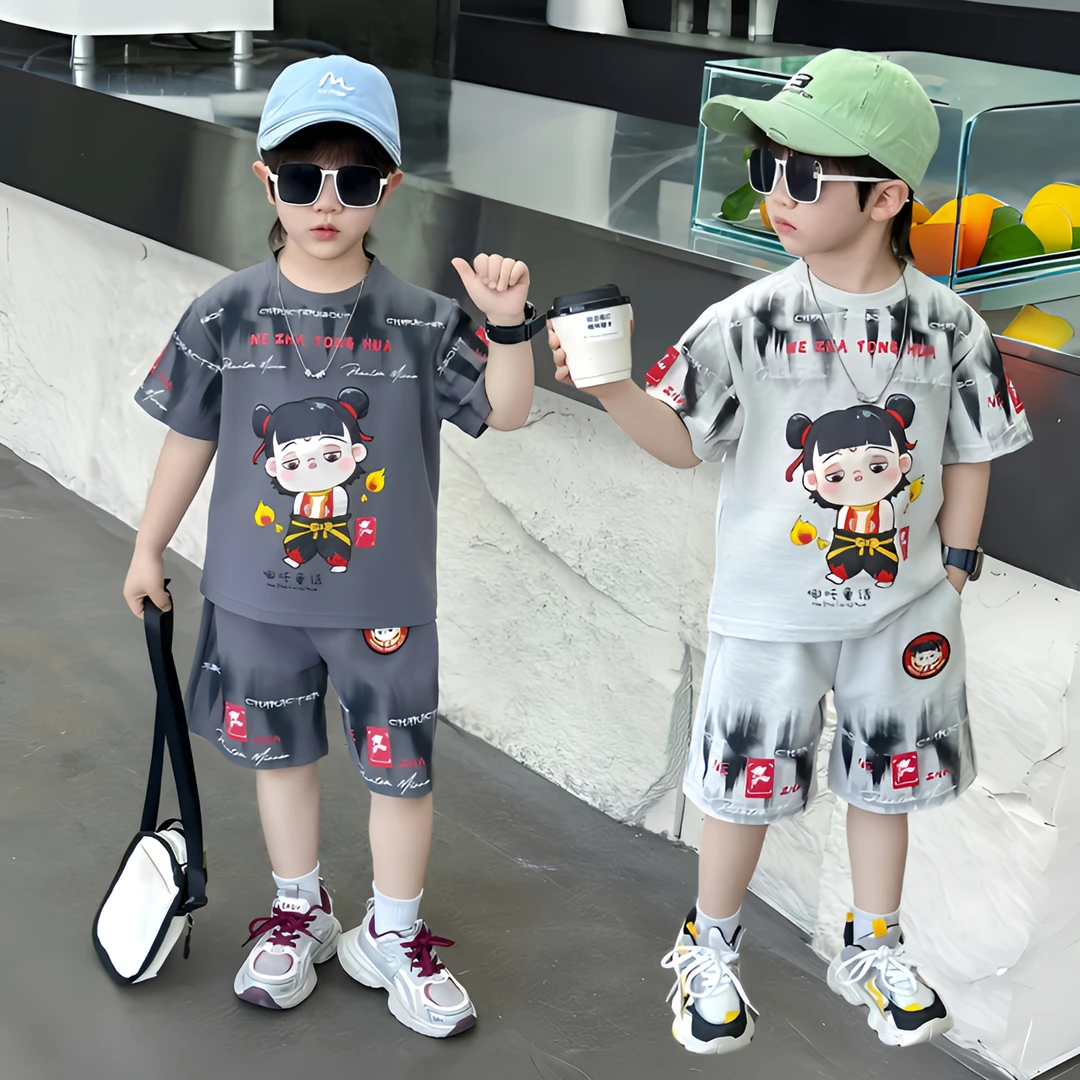 夏装哪吒男孩衣服新款夏季薄款男童速干渐变男儿童短袖服装套装