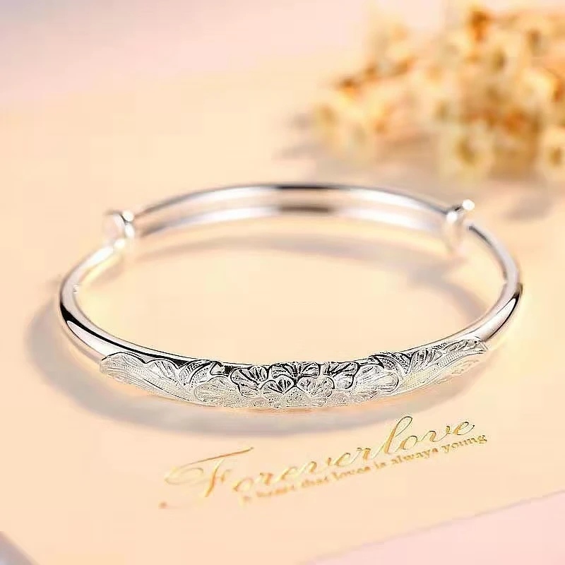 足银手镯 经典时尚气质牡丹花推拉手镯精美可调节推拉镯