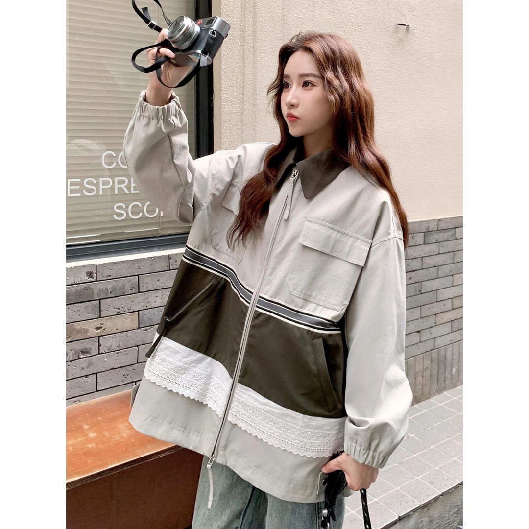 休闲复古撞色拼接翻领外套女2025秋新款青春活力感宽松中长款外套