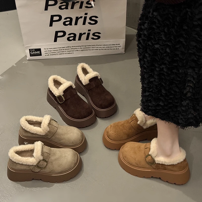 内增高牛皮勃肯鞋女2025冬季新款加绒保暖厚底一脚蹬毛毛鞋棉鞋子