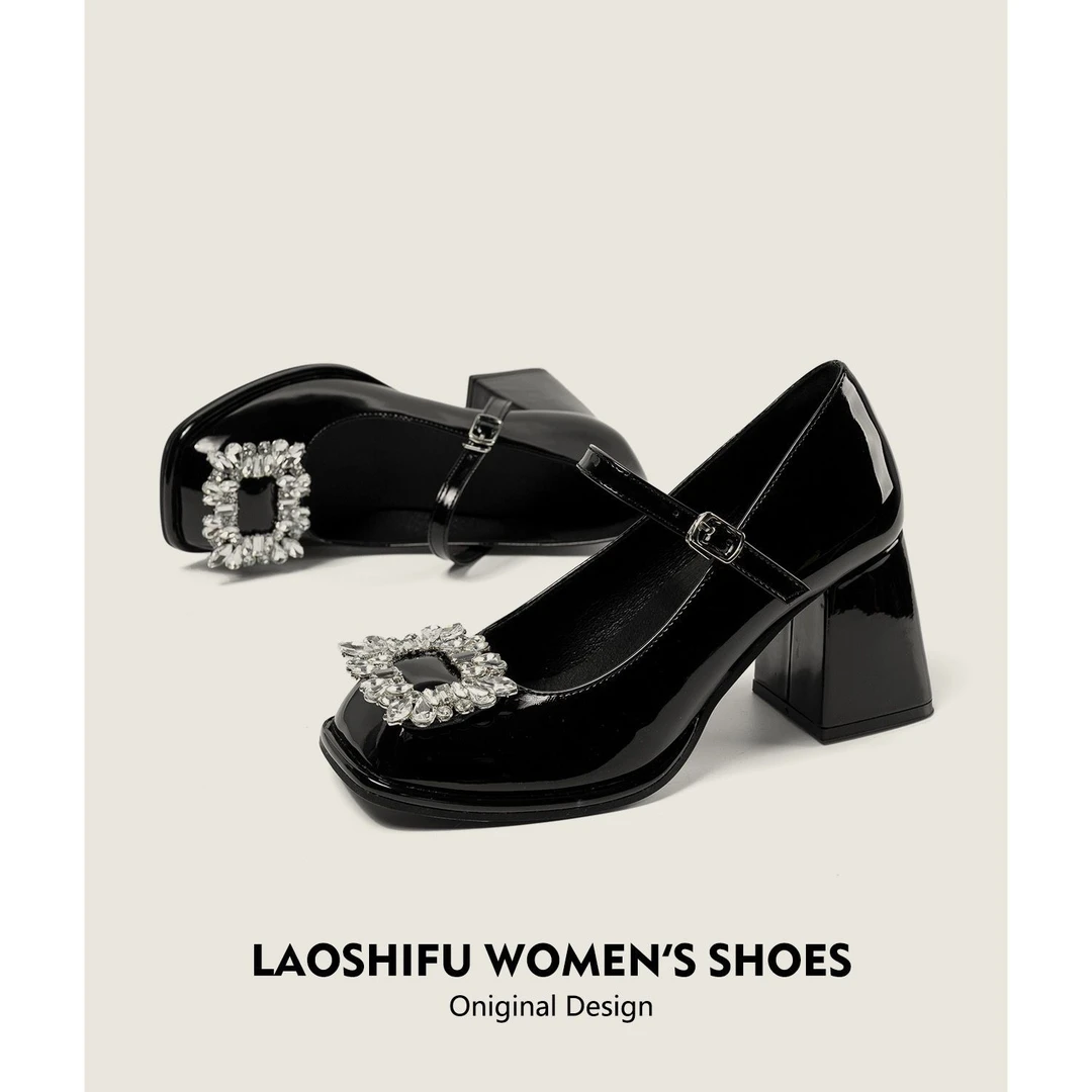 【工厂直销】小个子粗跟增高玛丽珍鞋方头漆皮气质单鞋水钻扣高跟鞋
