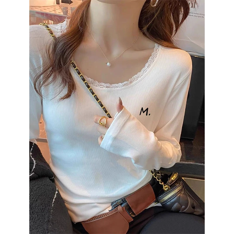 复古蕾丝边长袖T恤女2025秋冬新款修身加厚打底衫内搭百搭上衣服