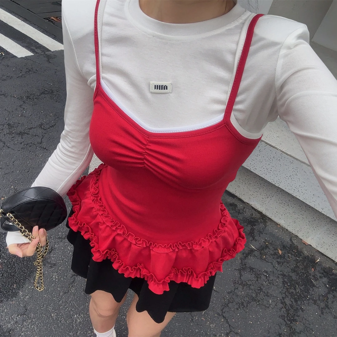 【多巴胺女孩】泡菜定制拼色双肩带下摆荷叶边吊带背心