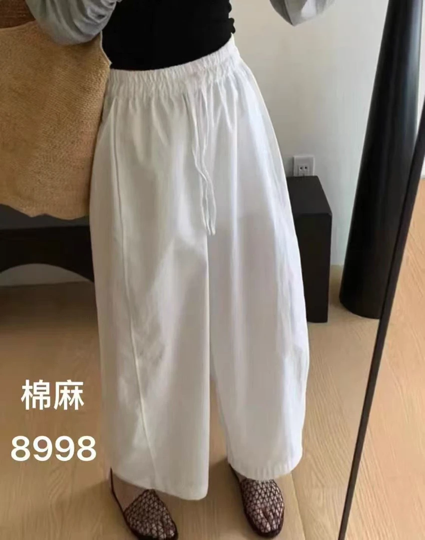 #8998抽绳纯色阔腿九分休闲裤