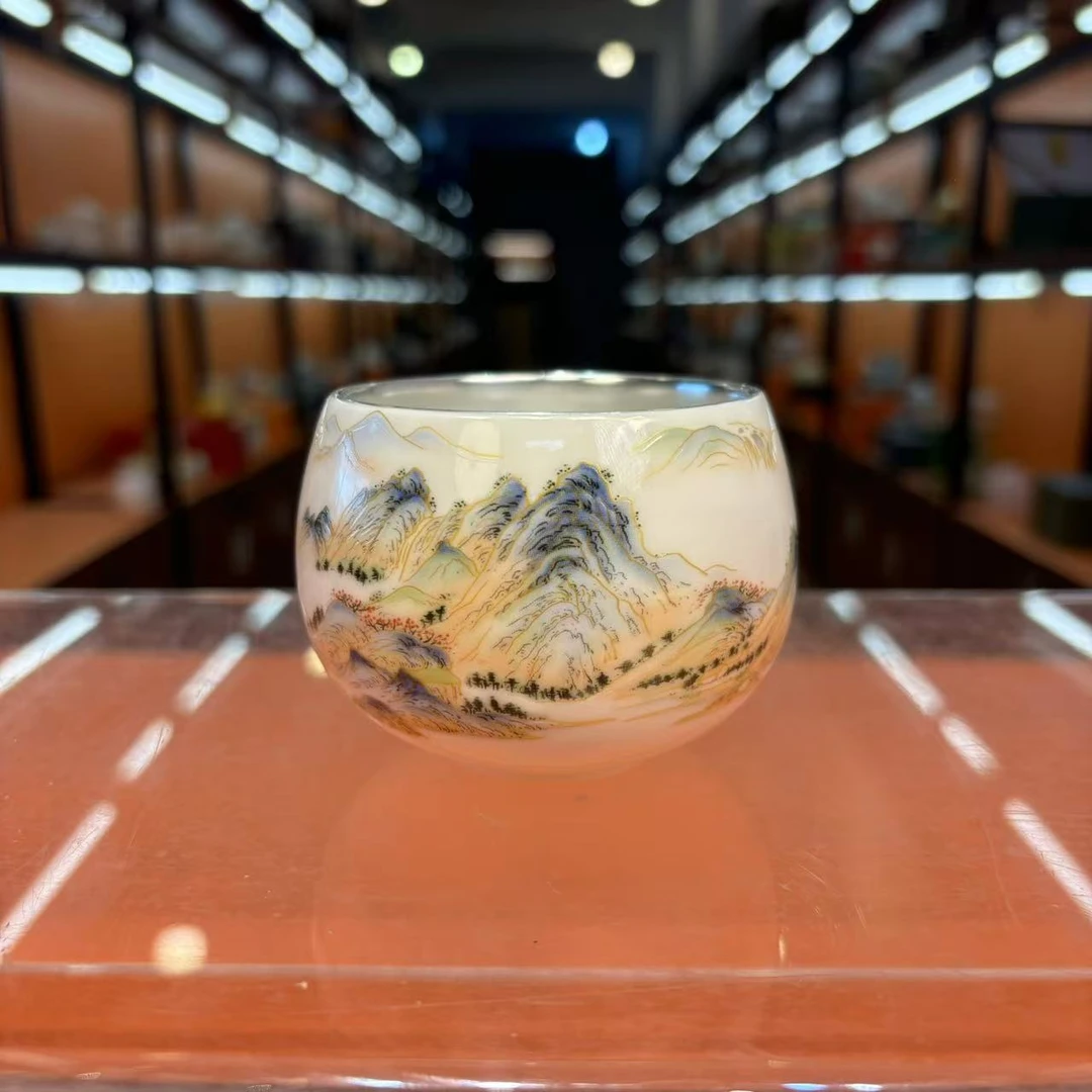 秋香茶具  黄千里江山瓷胎包银主人杯大容量品茗杯禅定杯-@@4925