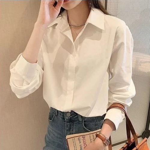 纯棉长袖白色气质衬衫百搭女春秋宽松时尚打底白衬衣显瘦洋气上衣