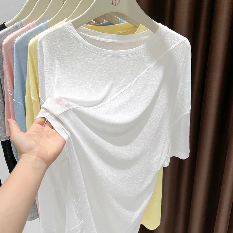白色宽松设计感新款显瘦打底衫上衣女时尚外穿夏季圆领短袖薄T恤