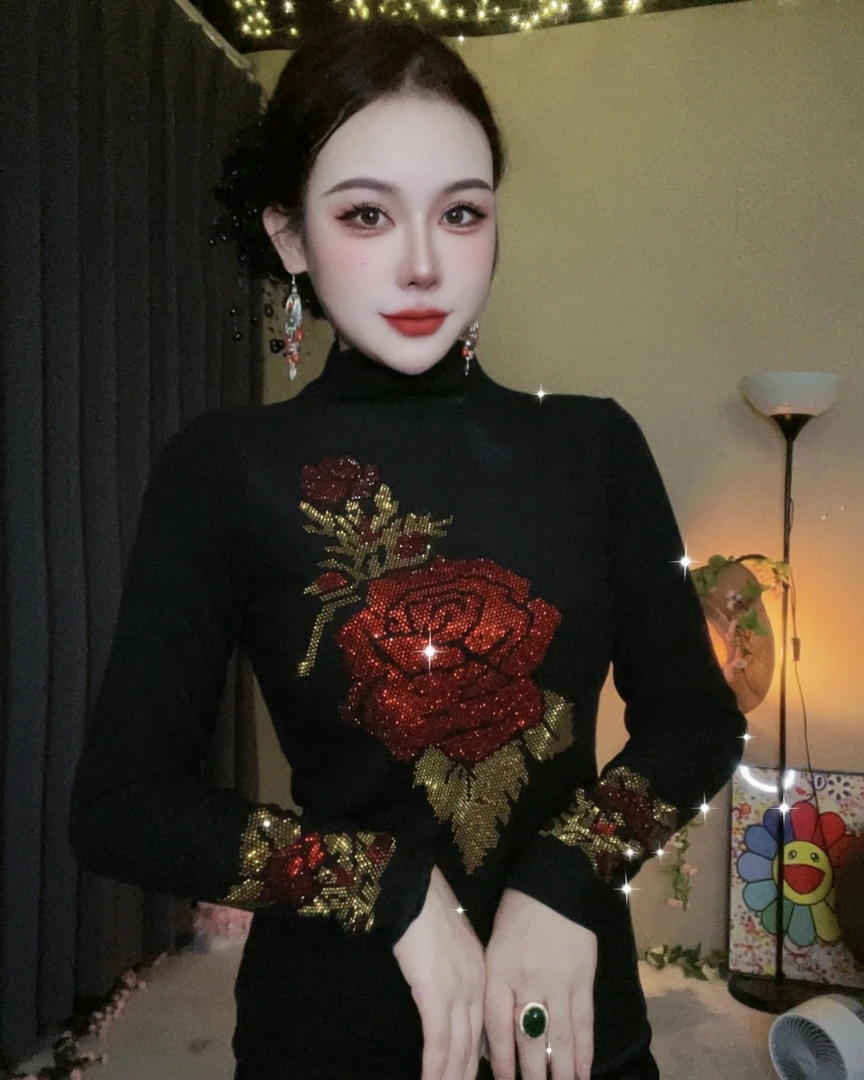 【玫瑰夫人双款式加绒】打底衫女内搭秋冬新款时尚烫钻上衣修身显瘦