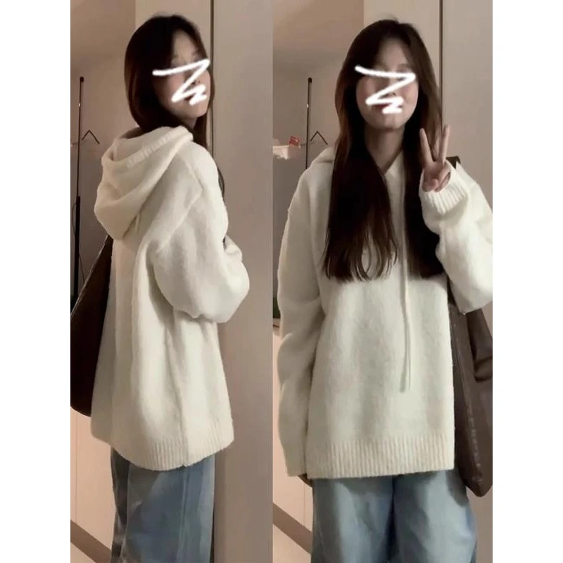 秋冬穿搭加厚白色连帽卫衣毛衣女款2025新款冬季圆领针织上衣外穿