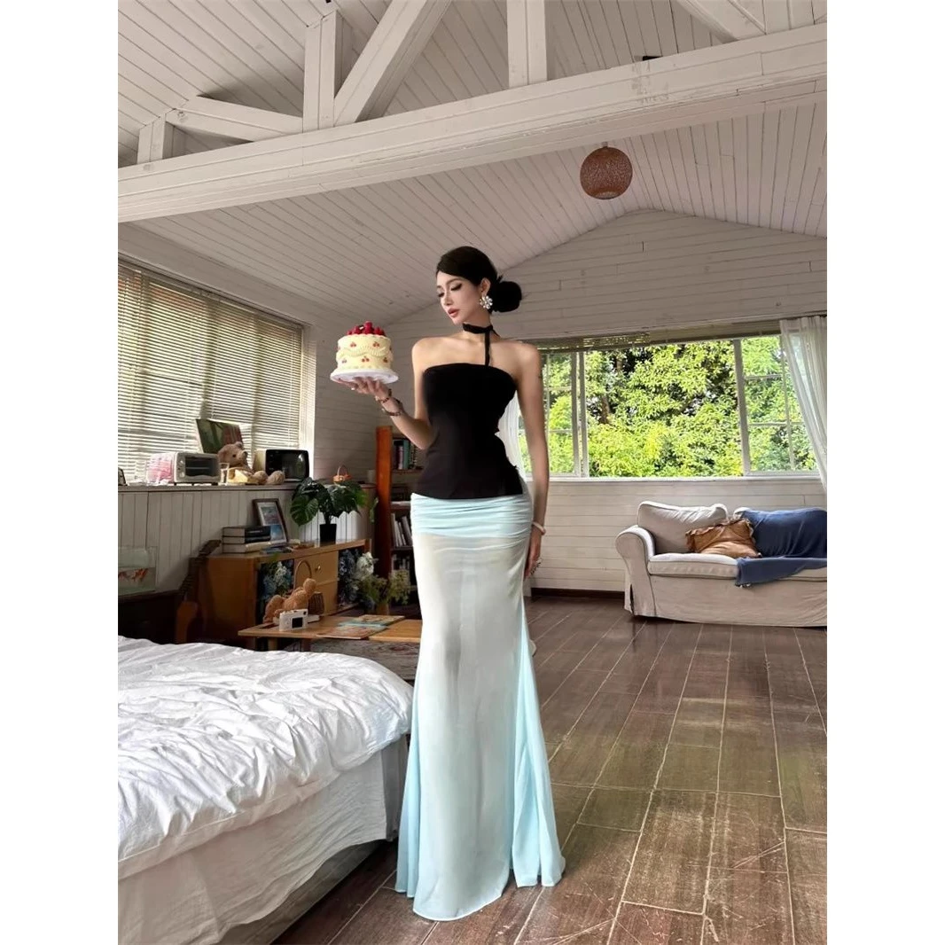 老钱风松弛感女装贵气款抹胸一字肩上衣高腰网纱半身裙鱼尾长裙小