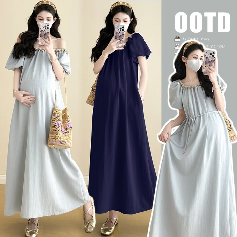 孕妇夏装连衣裙重工夏天薄款过膝长裙大码宽松夏季气质高级感裙子