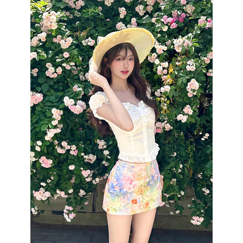 韩系辣妹套装女2025夏季花边一字肩上衣彩色油画碎花半身裙两件套