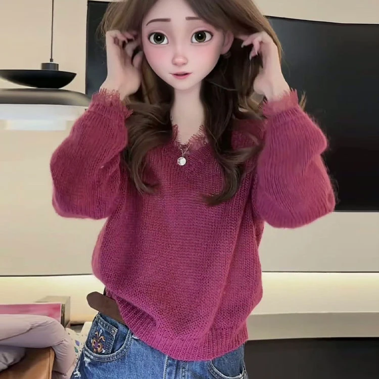 韩系慵懒风软糯V领针织衫女秋冬装新款高级感气质百搭显瘦上衣女