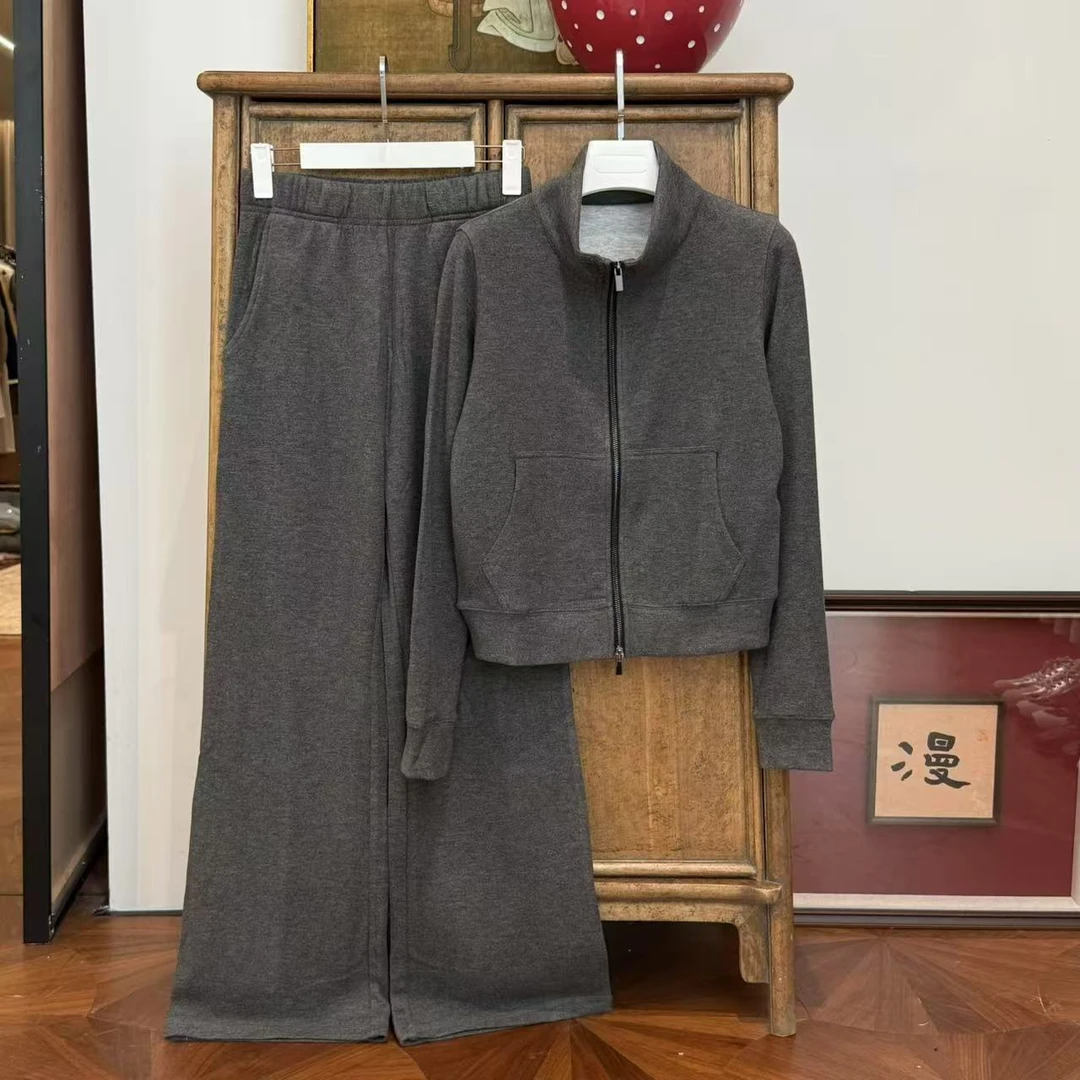 MYL2025年春新款竹纤维混纺深灰套装立领双拉上衣松紧阔腿裤