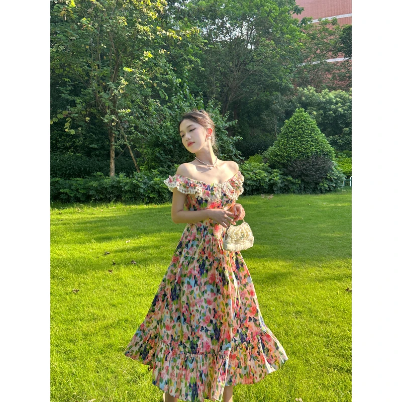 花色一字肩连衣裙显瘦复古夏长裙气质夏季159